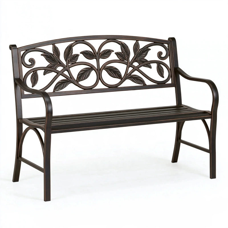 Gartenbank 122 cm aus Metall Braun mit Blattdekor für den Aussenbereich