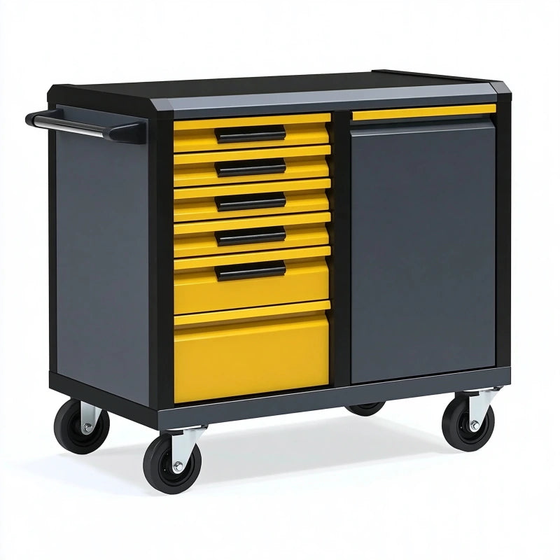 Werkzeugwagen 85 x 46 x 95 cm Stahl schwarz gelb mit 7 Schubladen und Schranktür fahrbar